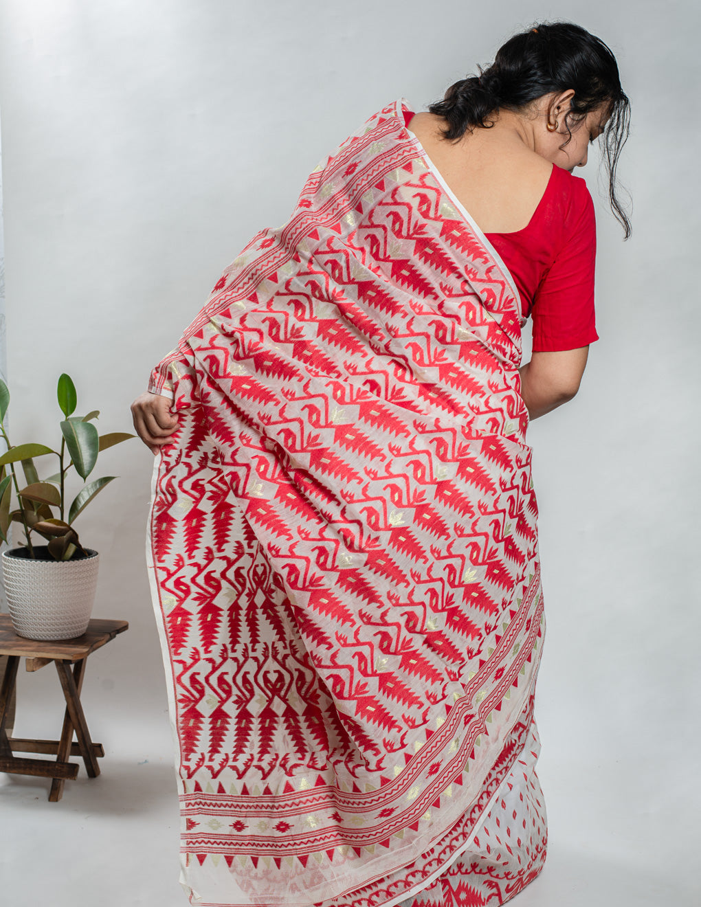 White & Red Handloom Cotton Soft Jamdani Saree