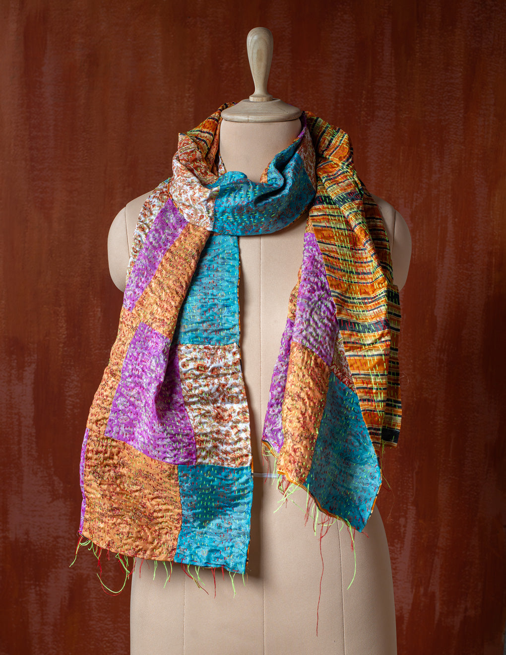 Bengal Kantha Patchwork Silk Stole Reversible