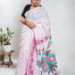 White Handloom Cotton Hand Painted Saree