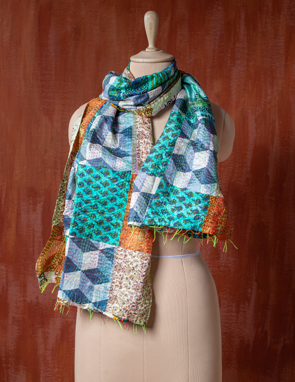 Bengal Kantha Patchwork Reversible Silk Stole