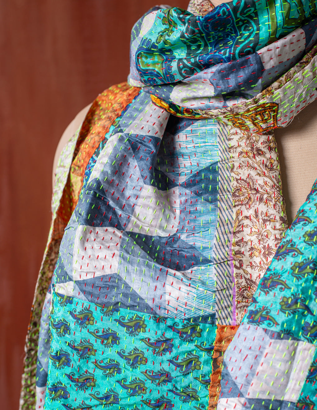 Bengal Kantha Patchwork Reversible Silk Stole