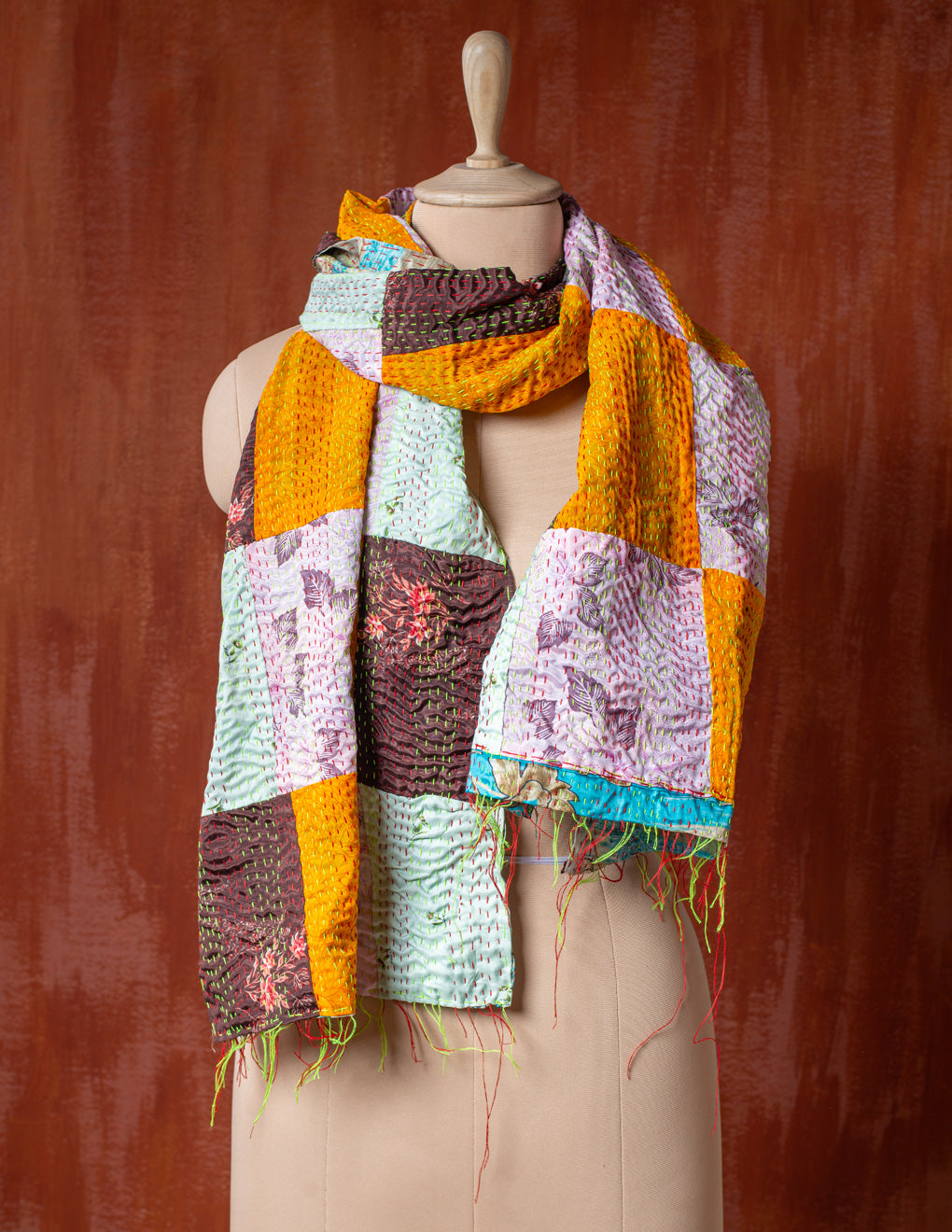 Bengal Kantha Patchwork Reversible Silk Stole