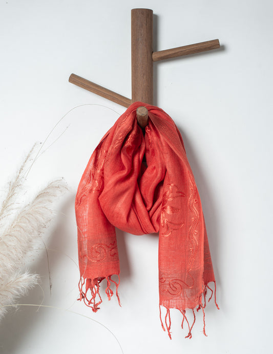 Red Embroidery Woven Bhagalpuri Linen Stole