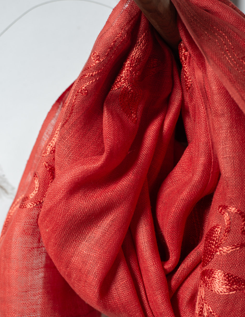 Red Embroidery Woven Bhagalpuri Linen Stole