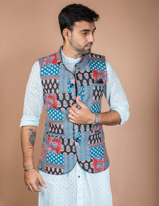 Multicolour Patch Cotton Nehru Jacket