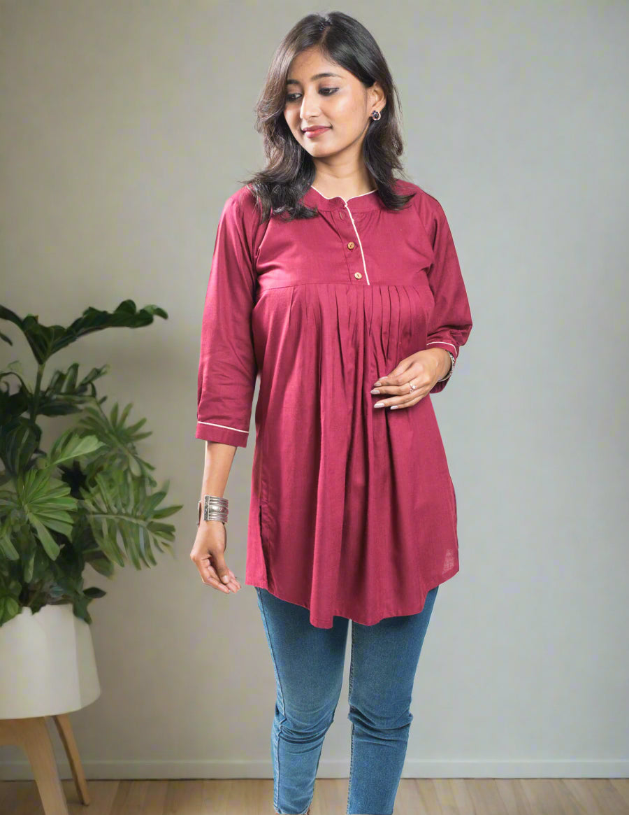 Maroon Cotton Short Kurta