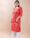 Red Cotton Jacquard Long Kurta