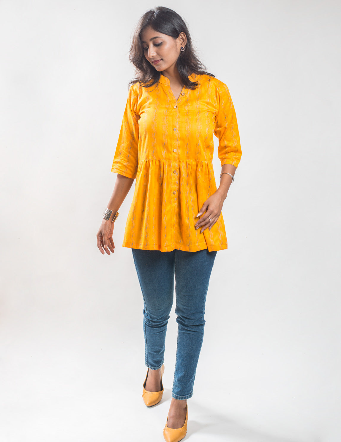 Yellow Cotton Jacquard Short Kurta