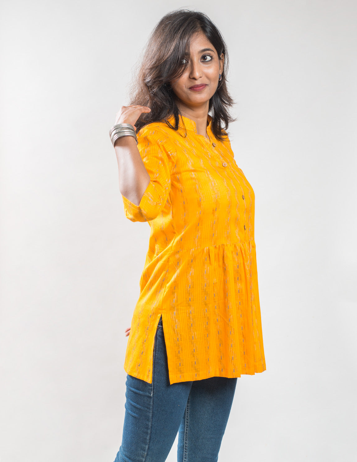 Yellow Cotton Jacquard Short Kurta