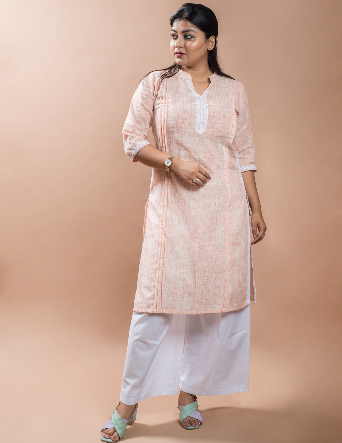 Salmon Cotton Brushed Long Kurta