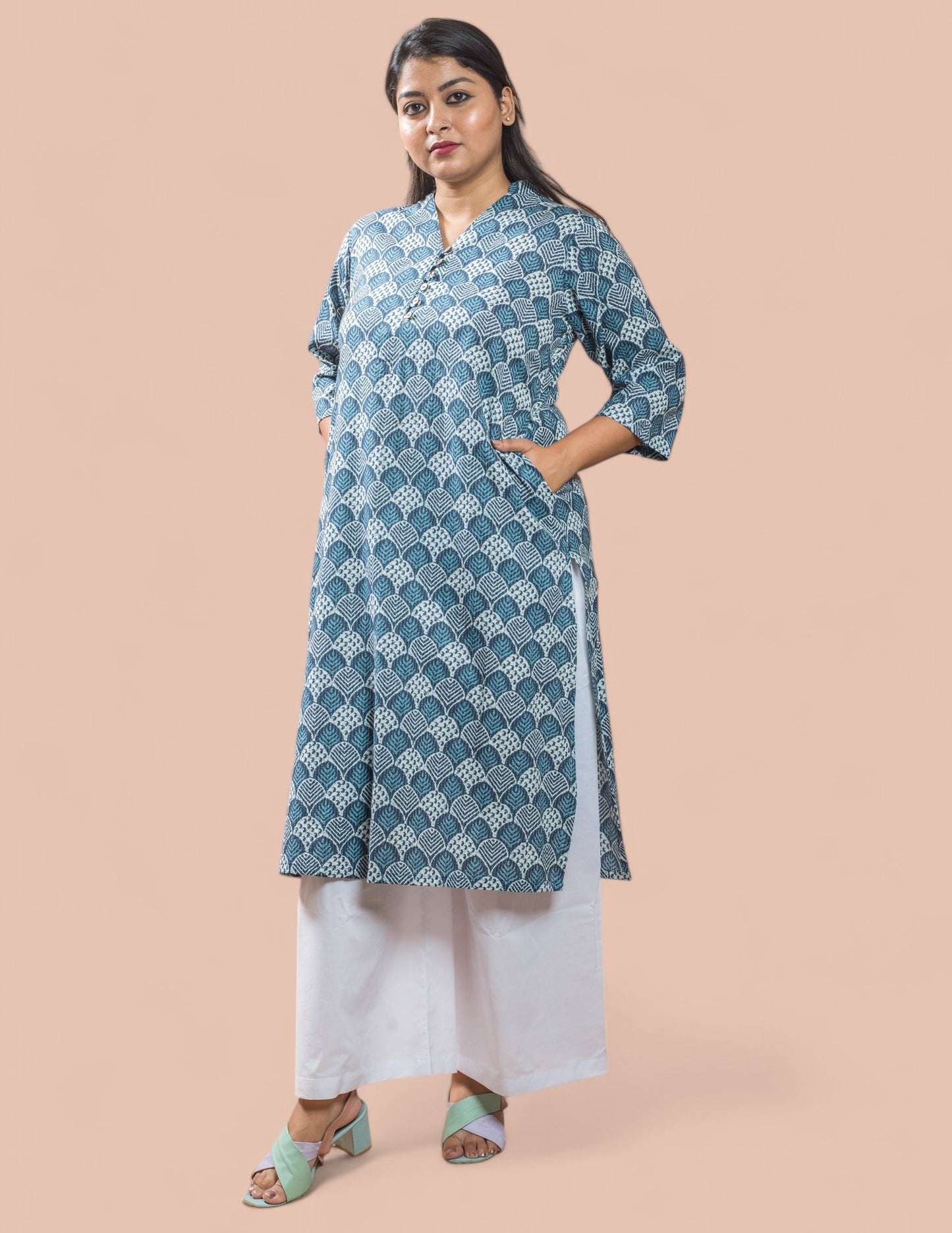 Blue Cotton Kantha Long Kurta