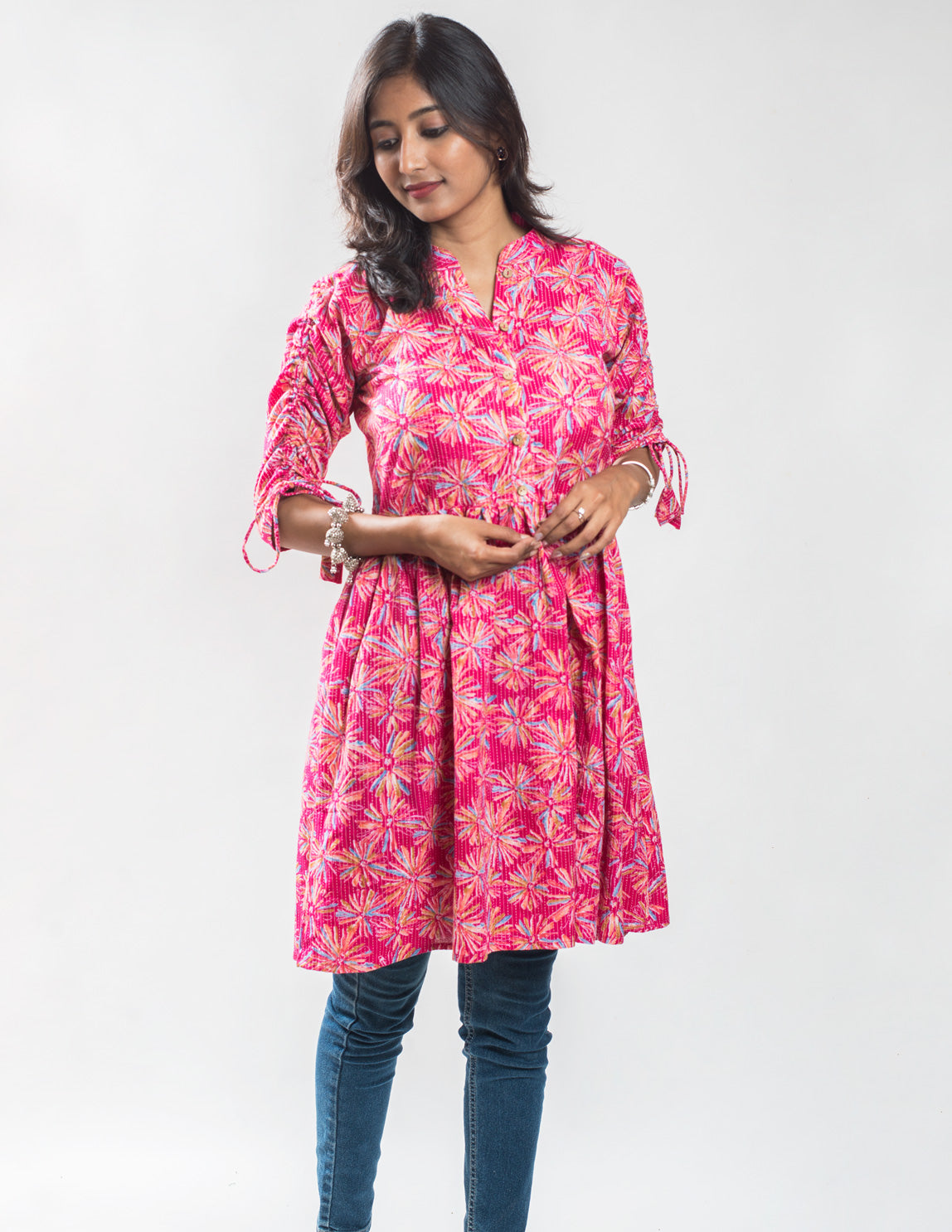 Pink Floral Printed Kantha Cotton Tunic