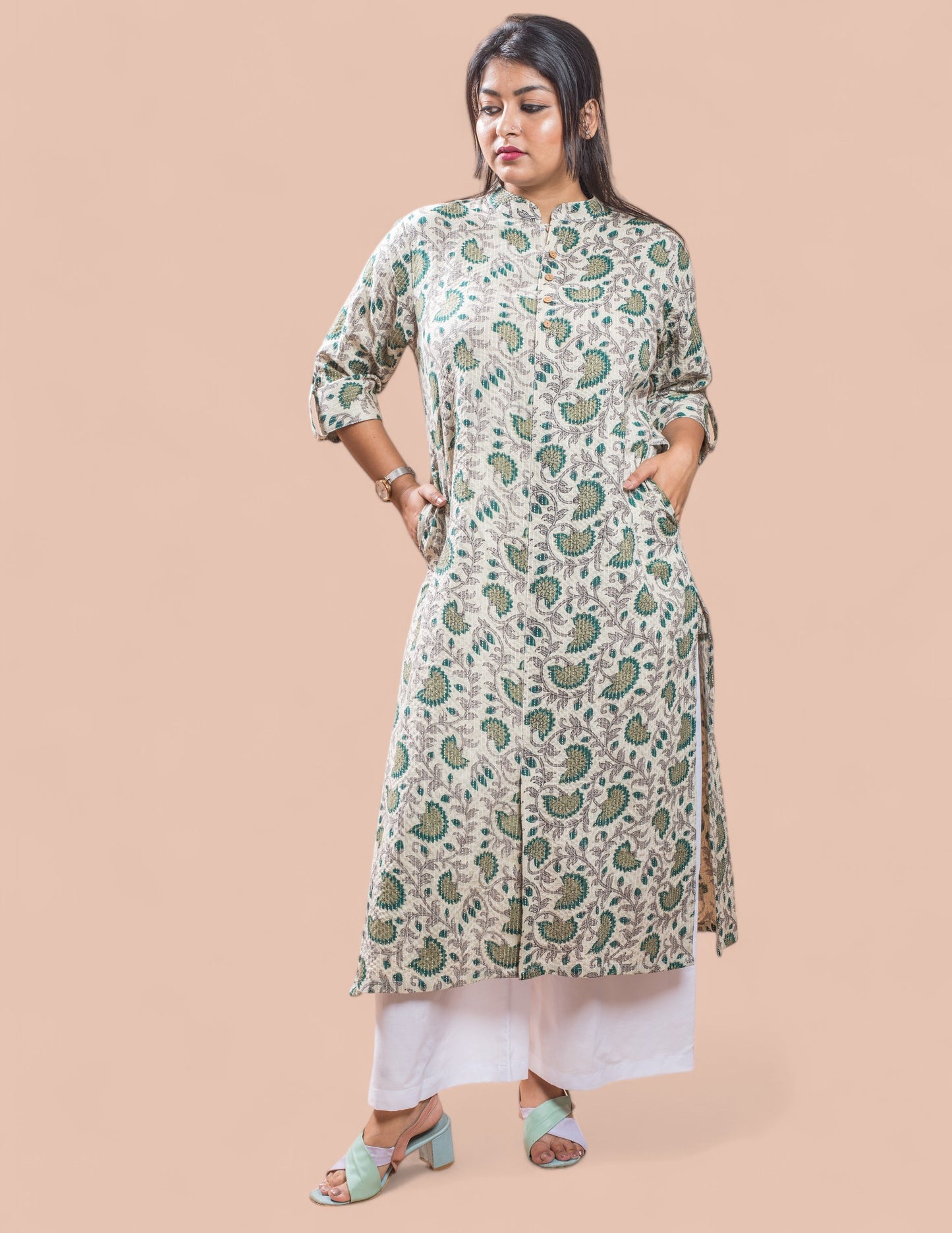 Beige Printed Cotton Kantha Long Kurta