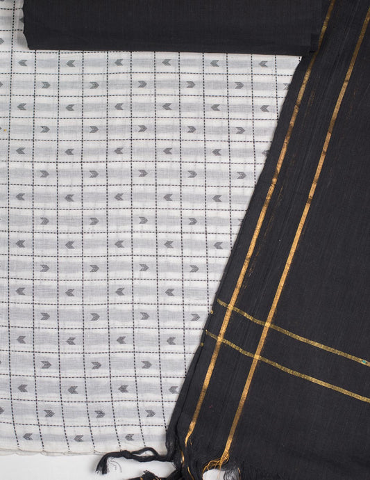 White Check Handloom Mangalagiri Cotton Unstitched Suit