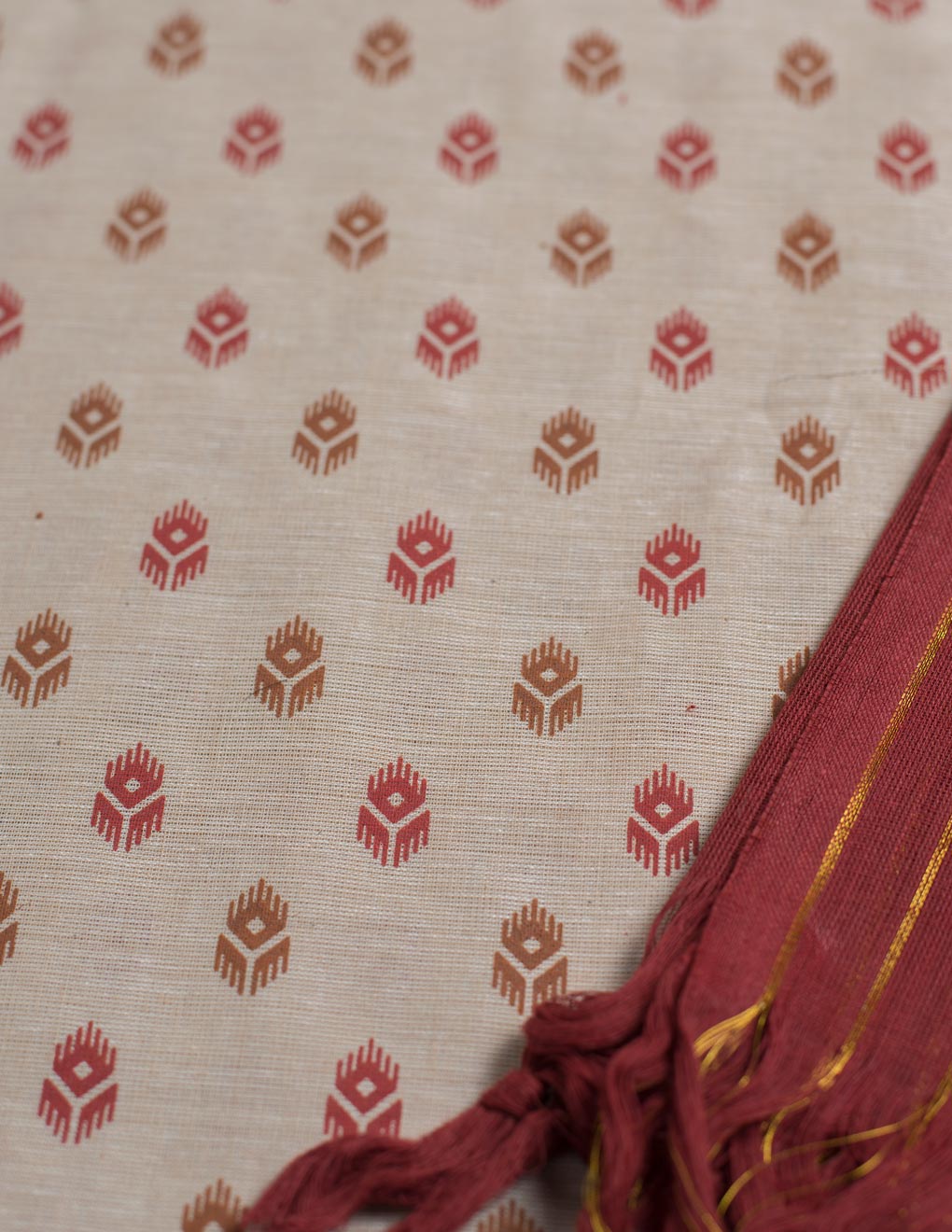 Beige Handloom Cotton Printed Unstitched Suit