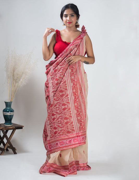 Beige Bengal Handloom Tant Cotton Saree