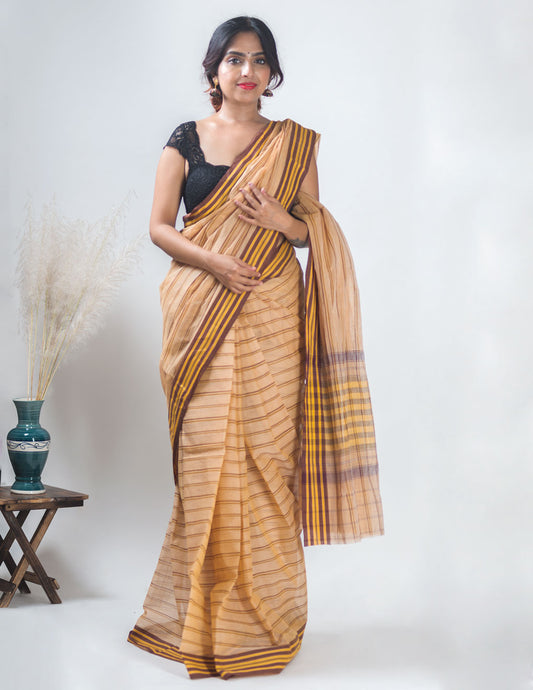Beige Stripe Bengal Handloom Tant Cotton Saree