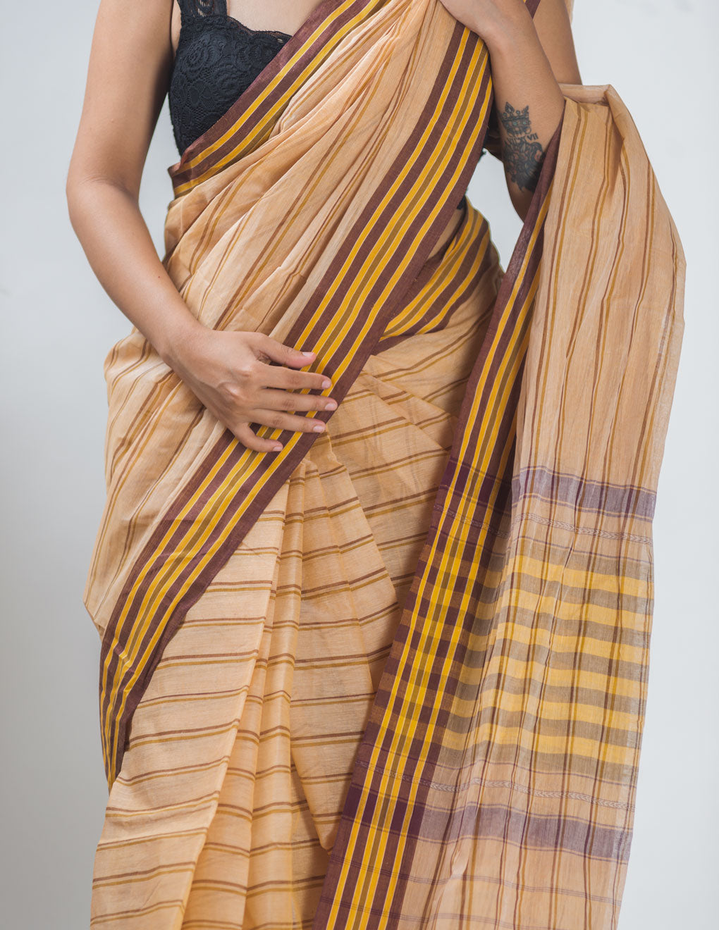 Beige Stripe Bengal Handloom Tant Cotton Saree