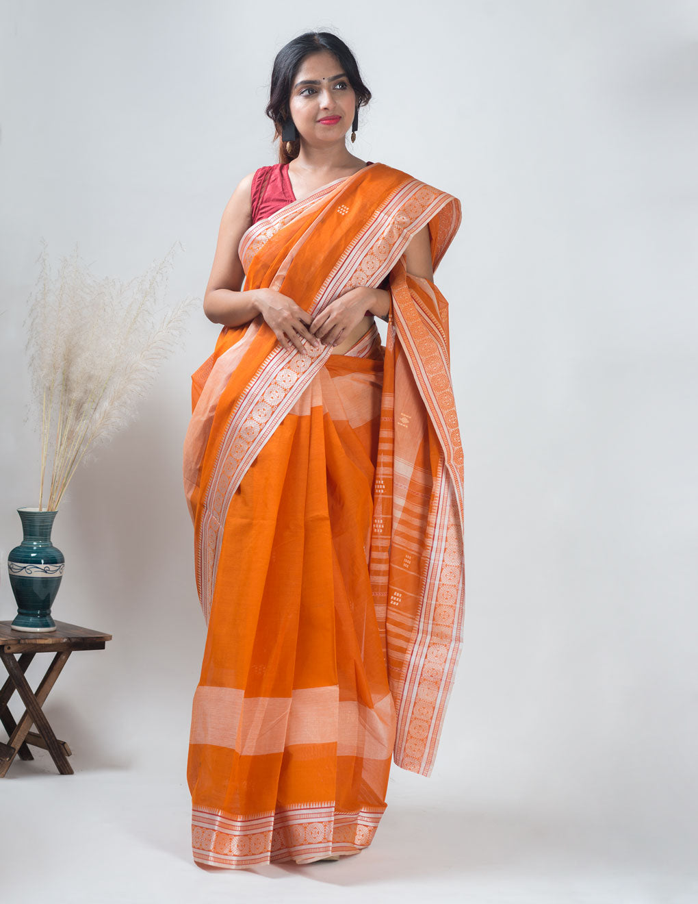 Orange Bengal Handloom Tant Cotton Saree