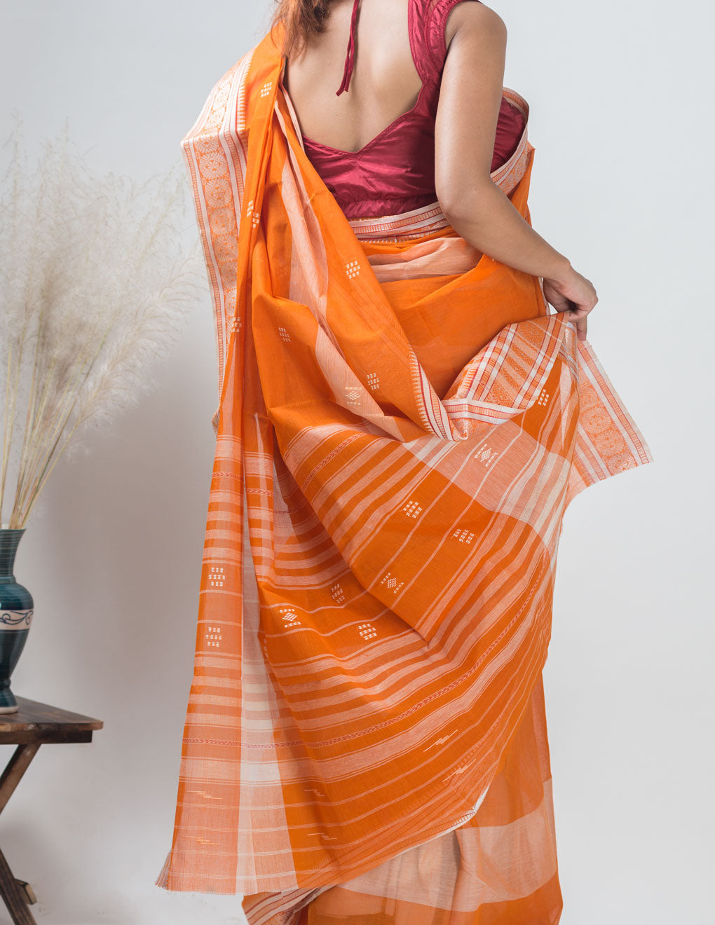 Orange Bengal Handloom Tant Cotton Saree