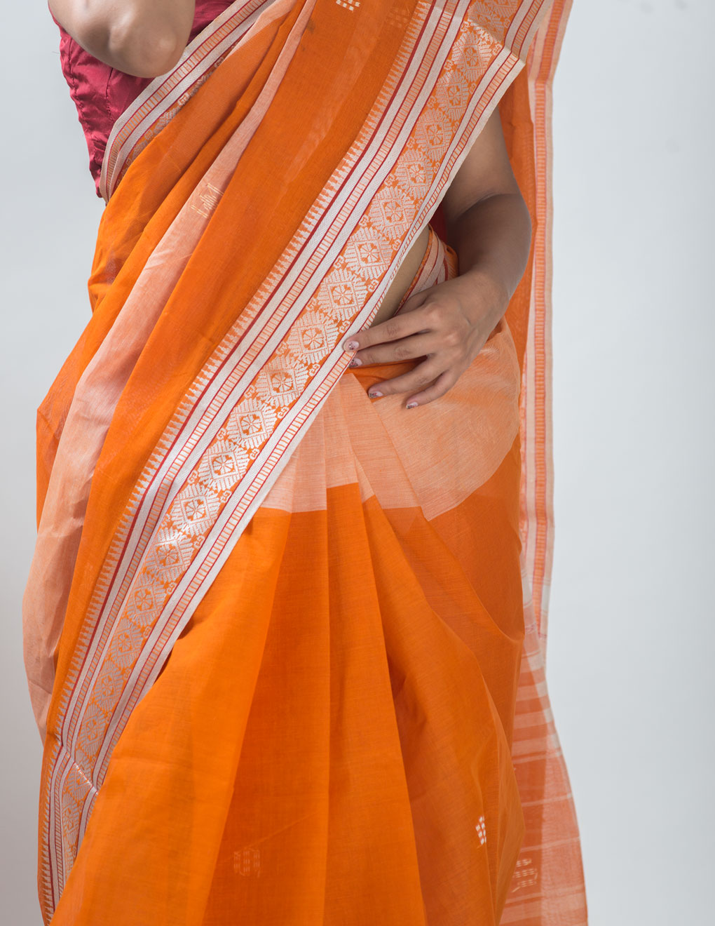 Orange Bengal Handloom Tant Cotton Saree