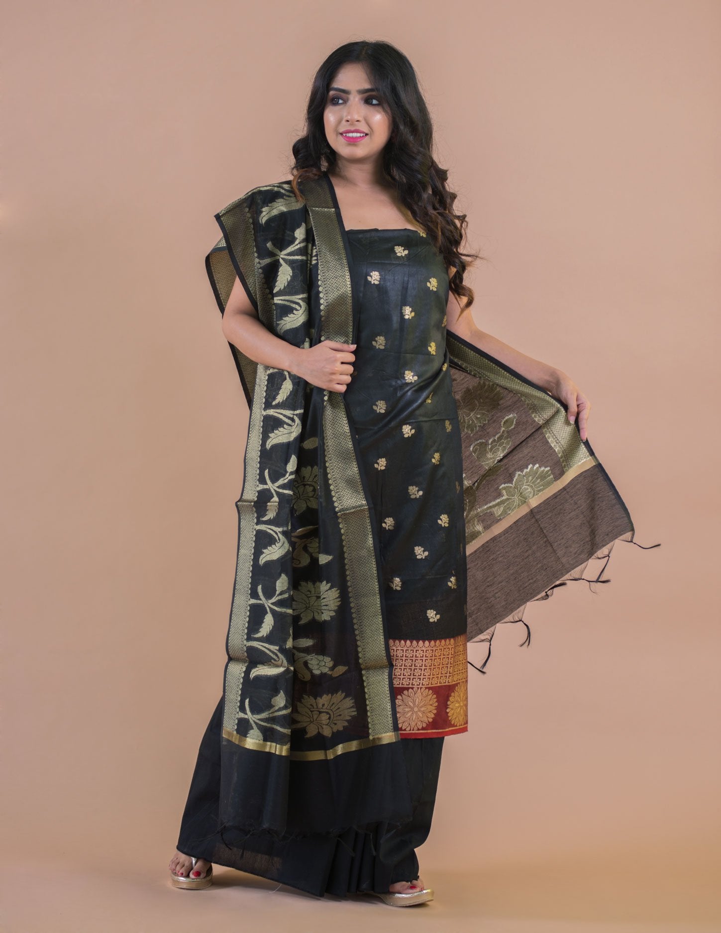 Black Banarasi Chanderi Cotton Suits with Zari Weaving & Dupatta - Artytales