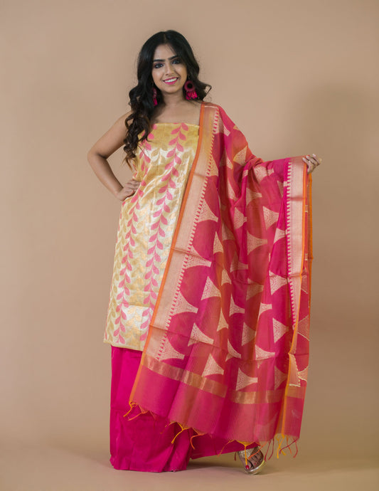 Fuchsia & Gold Banarasi Nimzari Silk Suits with Banarasi Chanderi Dupatta - Artytales