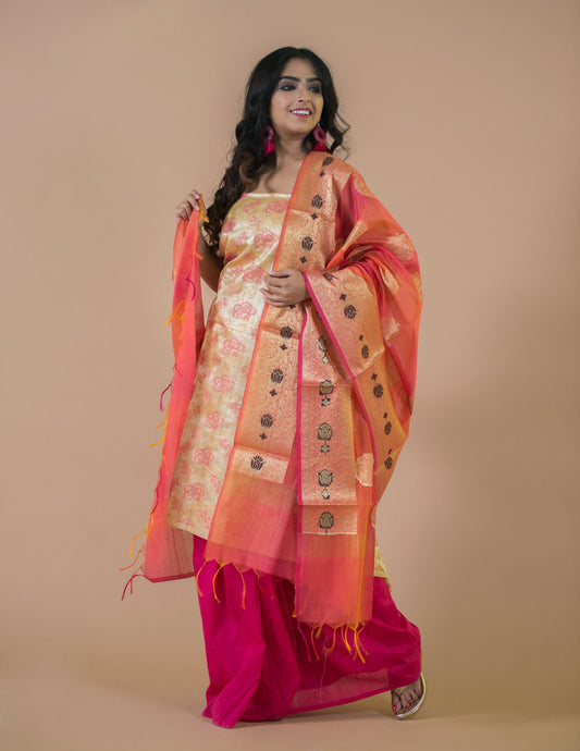 Pink & Gold Banarasi Nimzari Silk Suits with Banarasi Chanderi Dupatta - Artytales