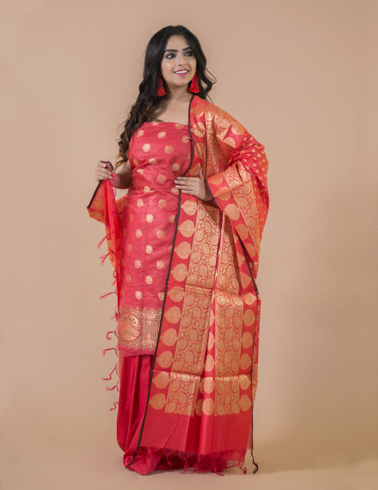 Red Banarasi Chanderi Cotton Suits with Zari Weaving & Dupatta - Artytales