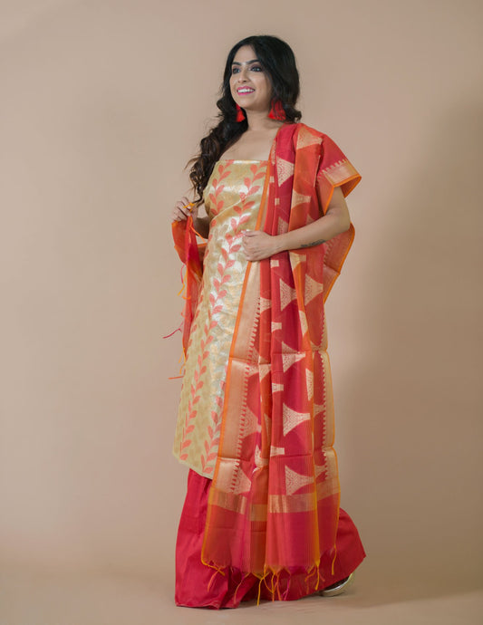 Red & Gold Banarasi Nimzari Silk Suits with Banarasi Chanderi Dupatta - Artytales