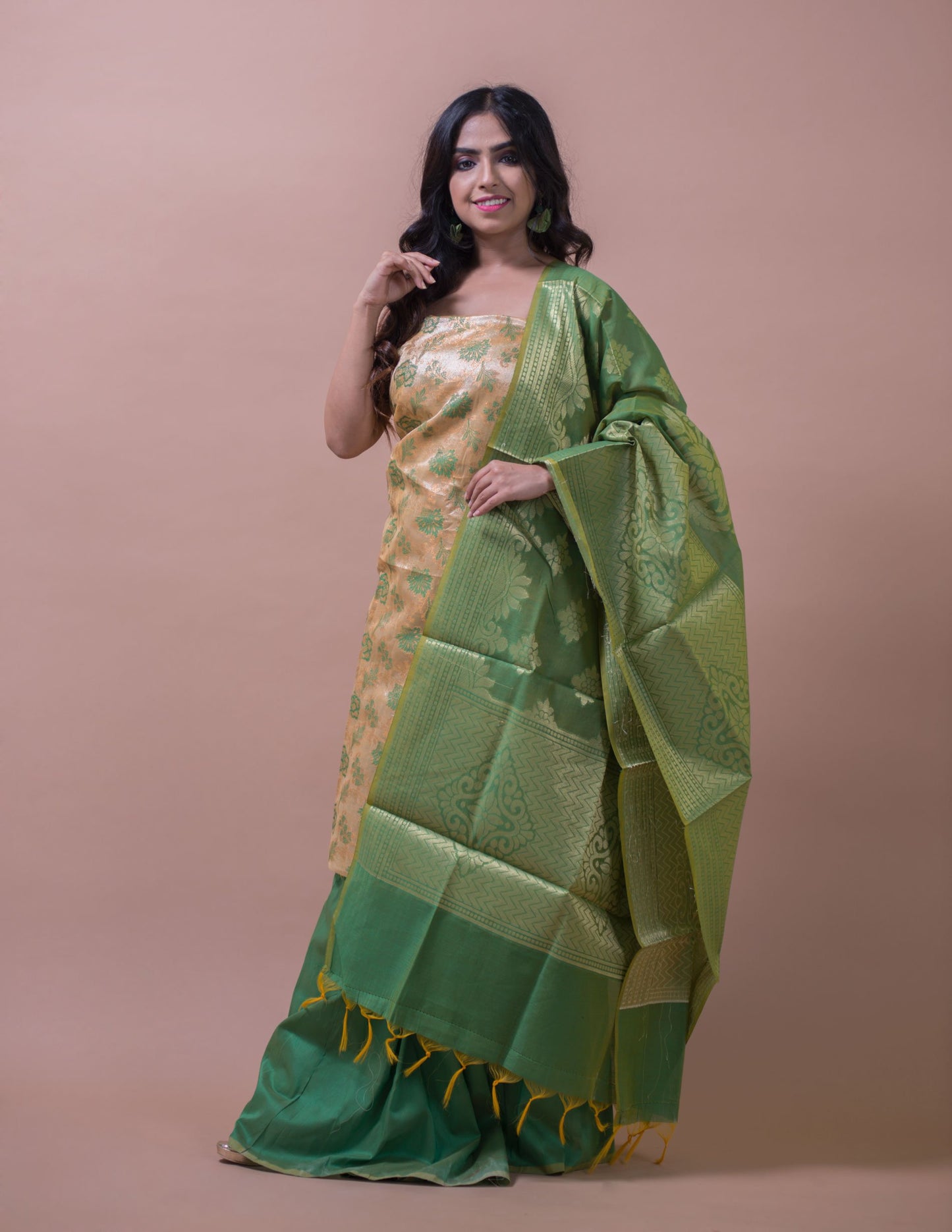 Green & Gold Banarasi Nimzari Silk Suits with Banarasi Chanderi Dupatta- Floral Work - Artytales