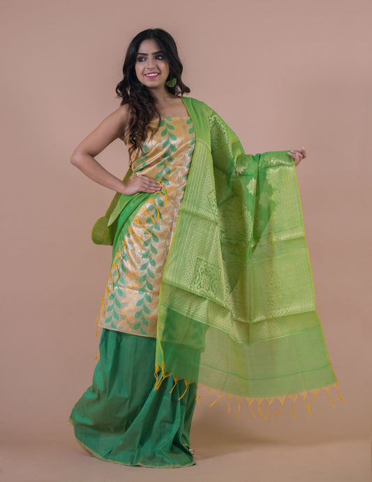 Green & Gold Banarasi Nimzari Silk Suits with Banarasi Chanderi Dupatta - Artytales