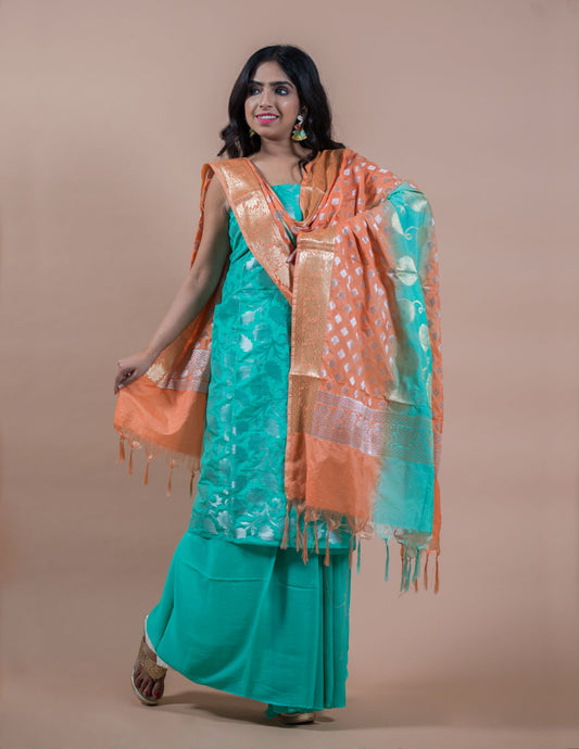 Banarasi Silk Silver Zari Suits with Dual Tone Double Zari Dupatta, Aqua green - Artytales