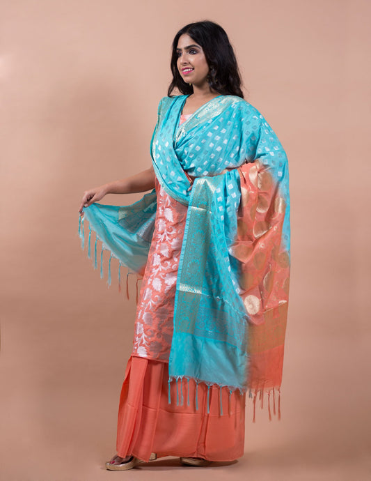 Banarasi Silk Silver Zari Suits with Dual Tone Double Zari Dupatta - Artytales