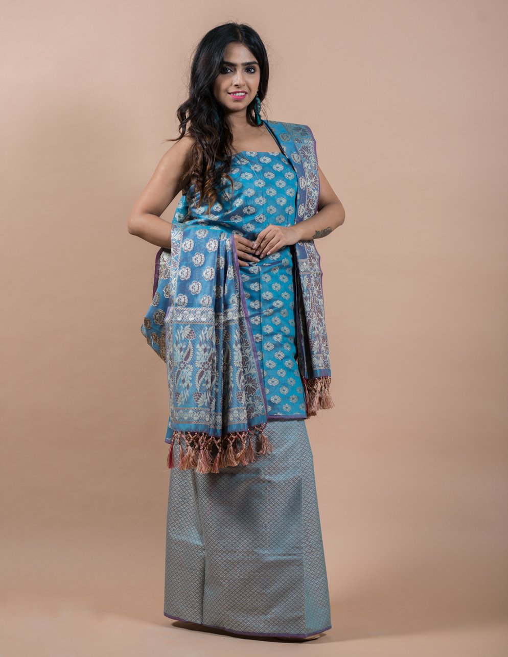 Blue Banarasi Cotton Silk Suits with Alfi Tanchoi Weaving - Artytales