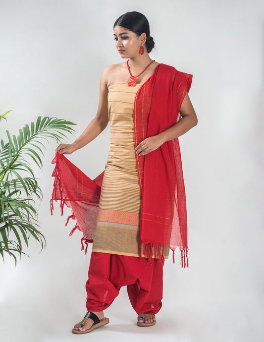 Handloom Mangalgiri Beige Stitched Cotton Unstitched Suit Set - Artytales