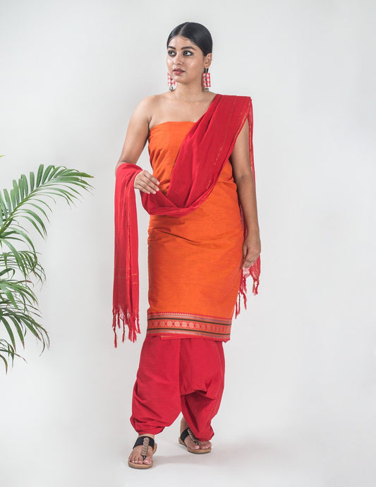 Handloom Mangalgiri Orange Cotton Unstitched Suit Set - Artytales