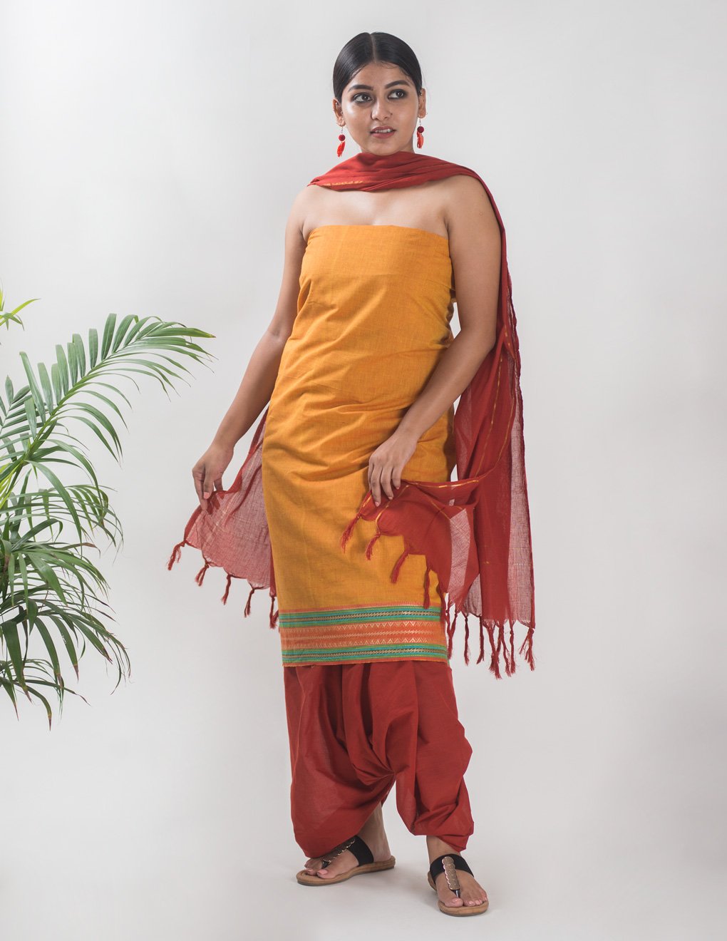 Handloom Mangalgiri Yellow Cotton Unstitched Suit Set - Artytales