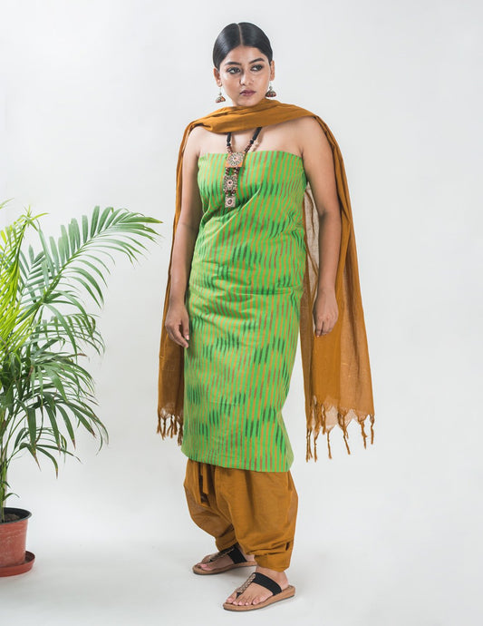 Handloom Mangalgiri Green Stripe Cotton Unstitched Suit Set - Artytales