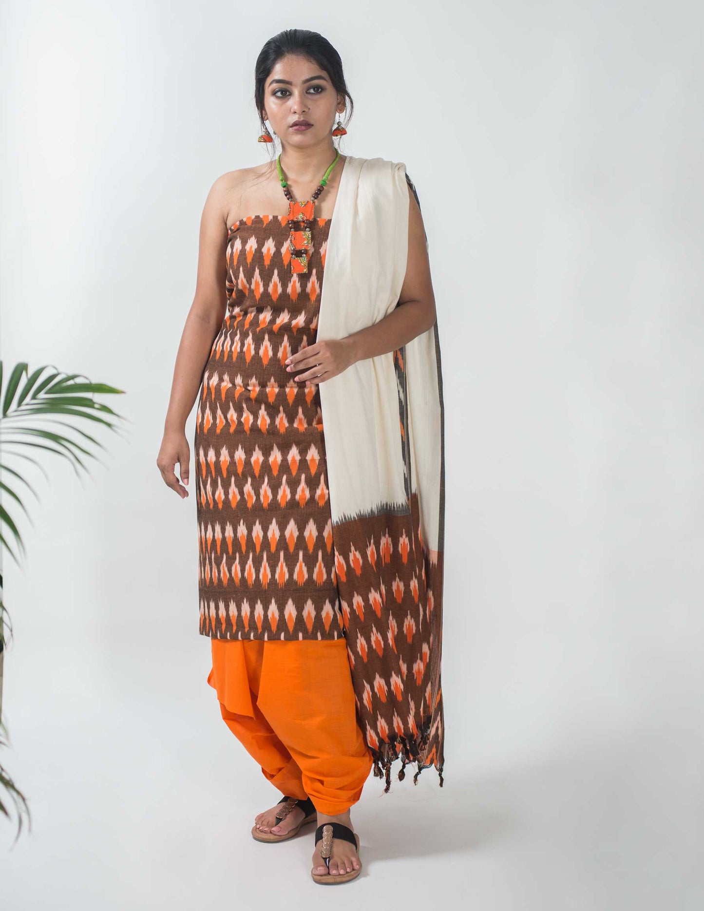 Pochampally Ikat Brown Unstitched Suit Set