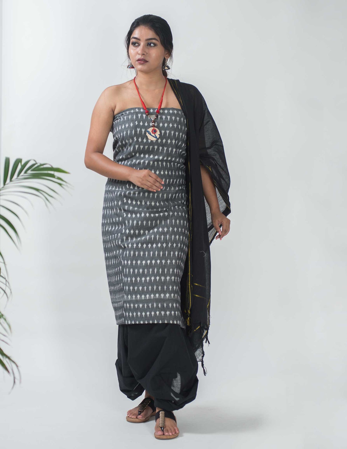 Ikat Handloom Grey Unstitched Suit Set