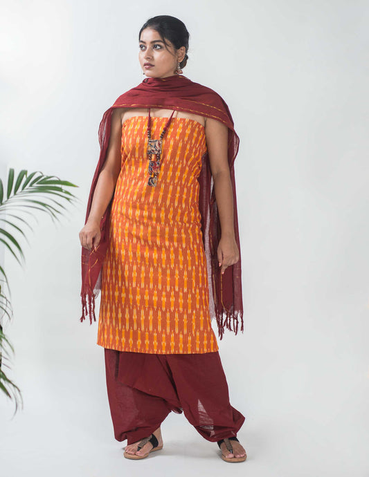 Ikat Handloom Mustard Unstitched Suit Set