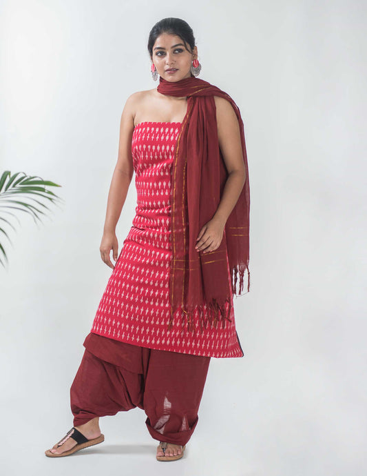 Ikat Handloom Red Unstitched Suit Set