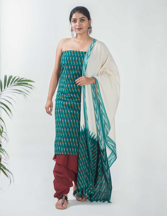 Pochampally Ikat Green Unstitched Suit Set