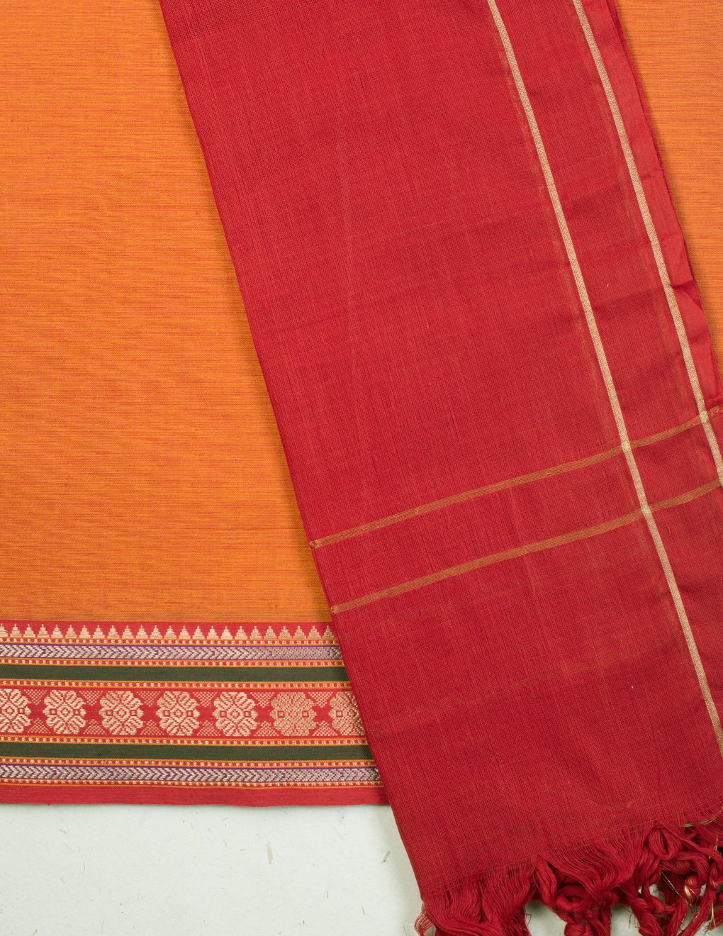 Handloom Mangalgiri Orange Cotton Unstitched Suit Set - Artytales