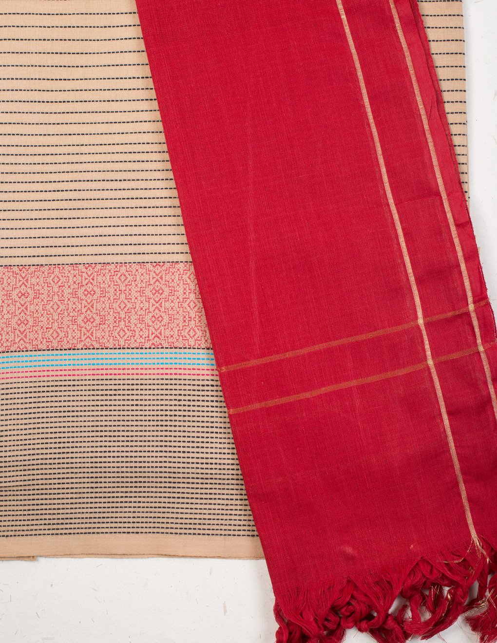 Handloom Mangalgiri Beige Stitched Cotton Unstitched Suit Set - Artytales