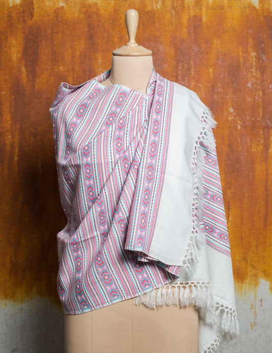 White & Pink Self Design Woollen Stole