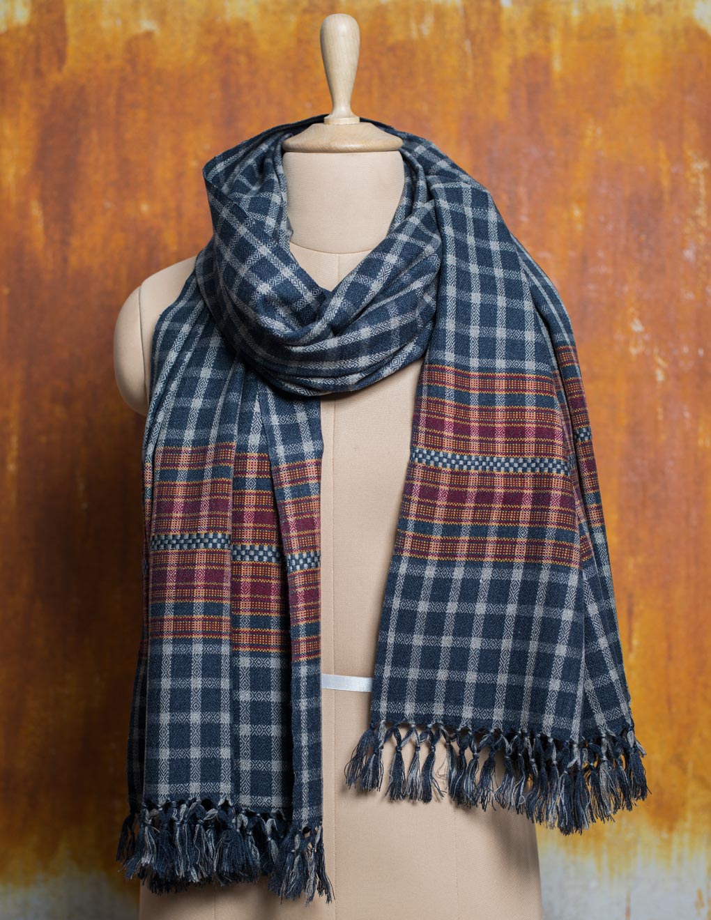 Navy Blue Check Pure Handwoven Woollen Stole