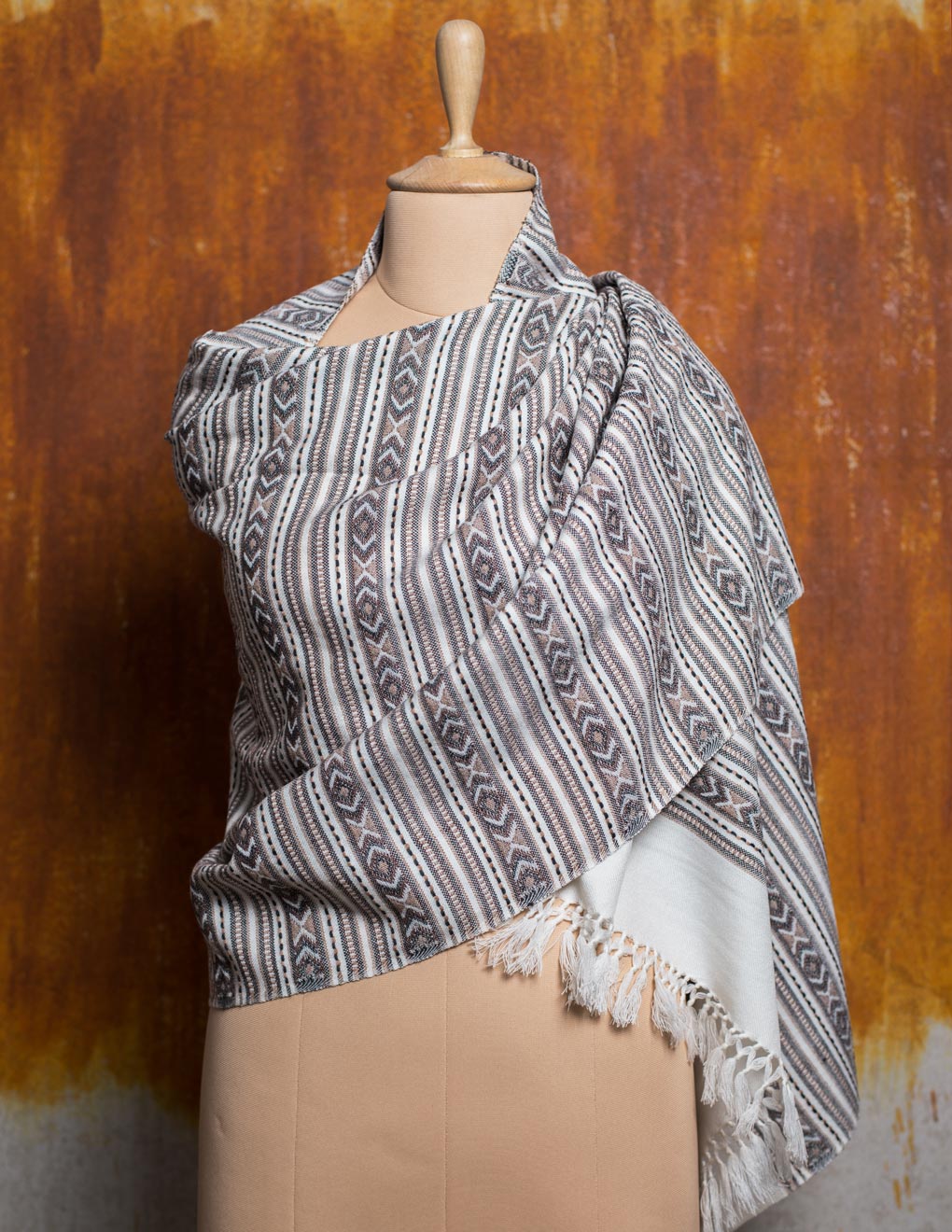 White & Brown Self Design Woollen Stole