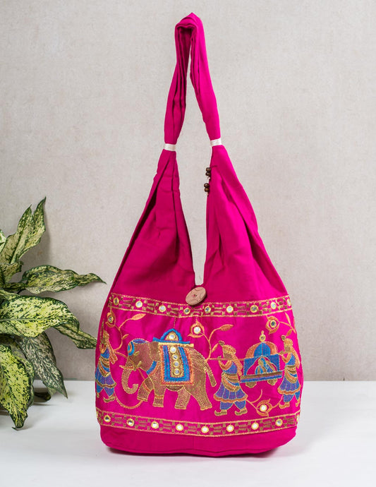 Magenta Cotton Mirror Work Shoulder Bag